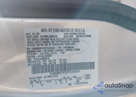 2002 Lincoln Continental из США, поврежденный, VIN 1LNHM97V32Y655654